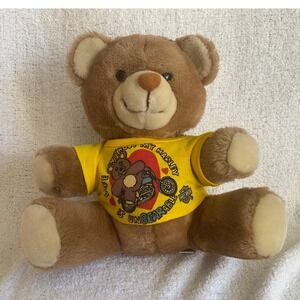 Harley Davidson Brown teddy bear wearing a yellow sweatshirt he is vintage 1984